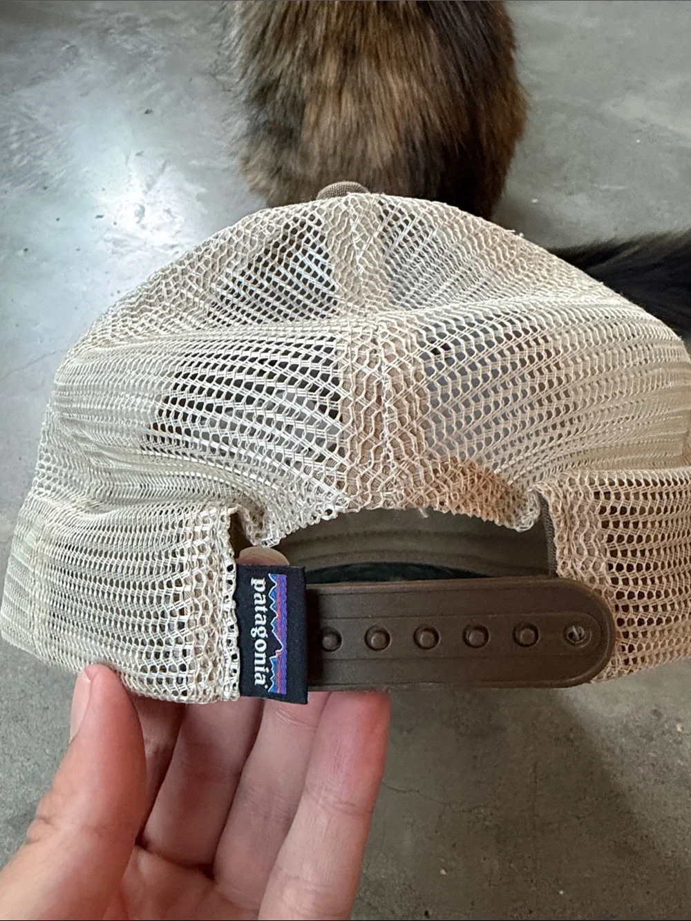 Patagonia Tan and Beige Trucker Hat with Green Patch